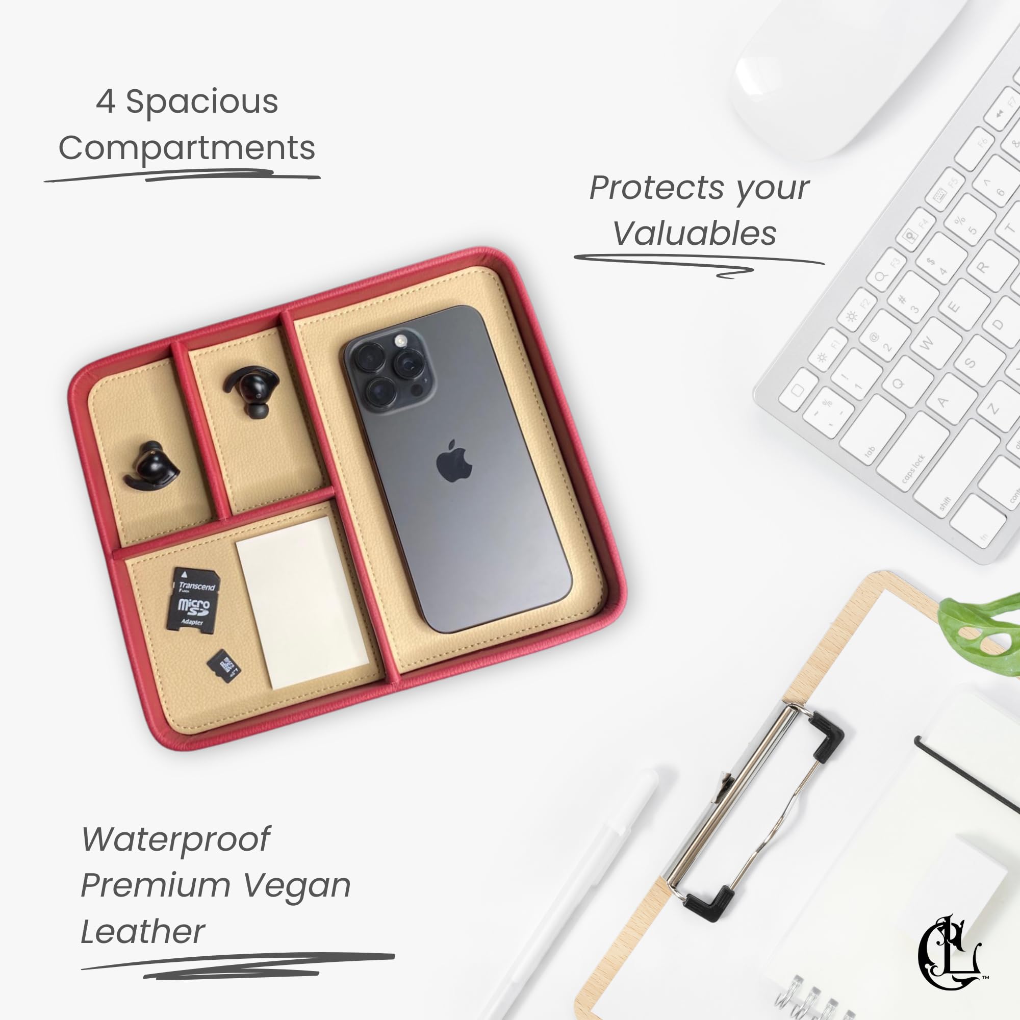 The Chill Tray - Desk Organiser Valet Tray - Premium Vegan Leather, EDC Catchall, Versatile Storage, Phone, Jewellery, Office Accessories, Keys, Watch, Bedside Table Caddy (Rhubarb & Custard) - Image 4