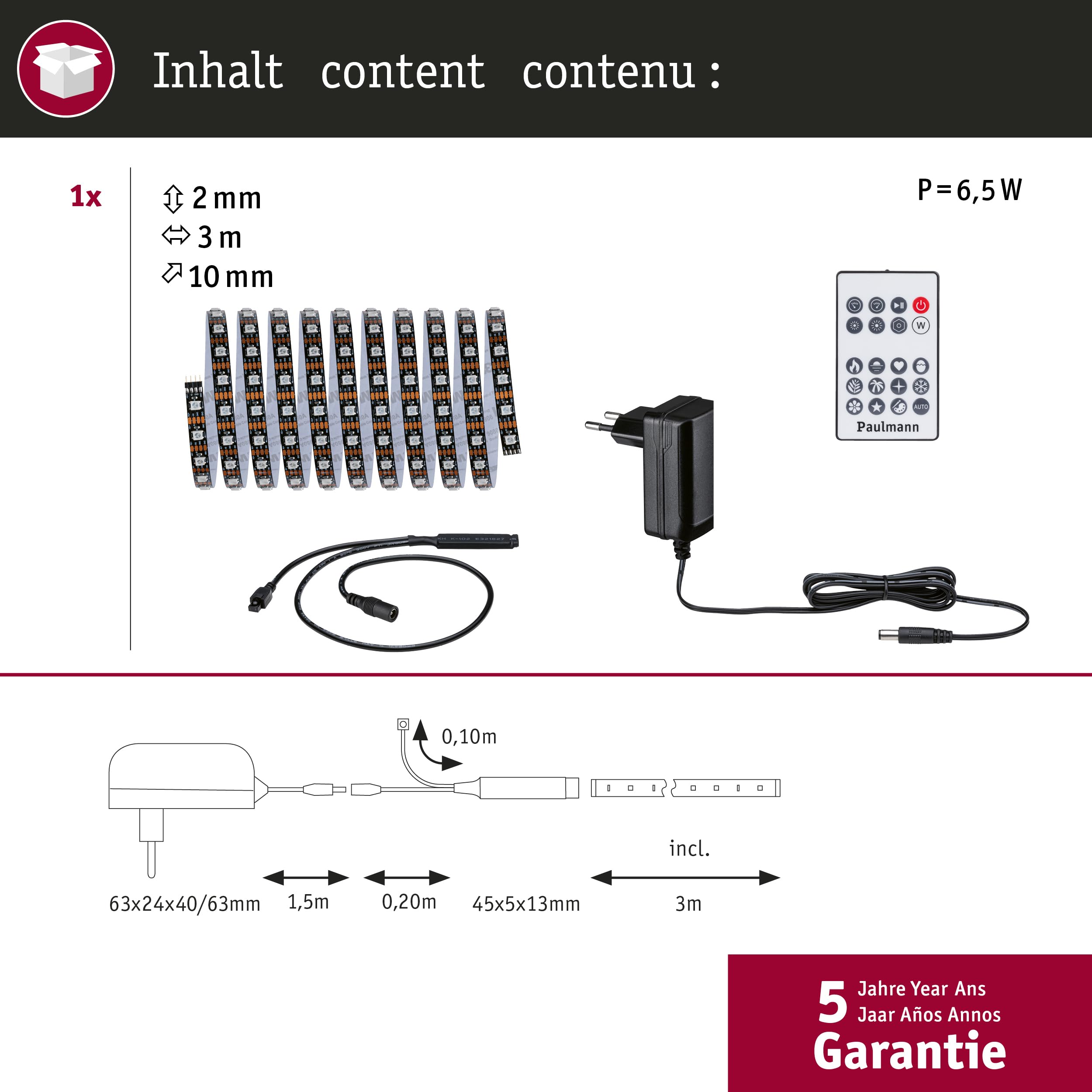 Paulmann 78887 Strip LED Set 3 m Dynamic Rainbow RGB IP20 12V DC incl. 1x5 Watt dimmerabile bianco plastica 5 W, 3m