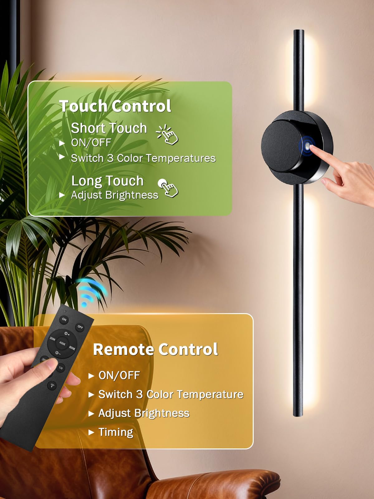 Kabellose Wandleuchter 2er Set, Wiederaufladbare Wandleuchten, Batteriebetrieben 5000mAh, 3 CCT Dimmbar, Timer Fernbedienung Wandlampen für Schlafzimmer, Wohnzimmer (70.1 cm Schwarz)