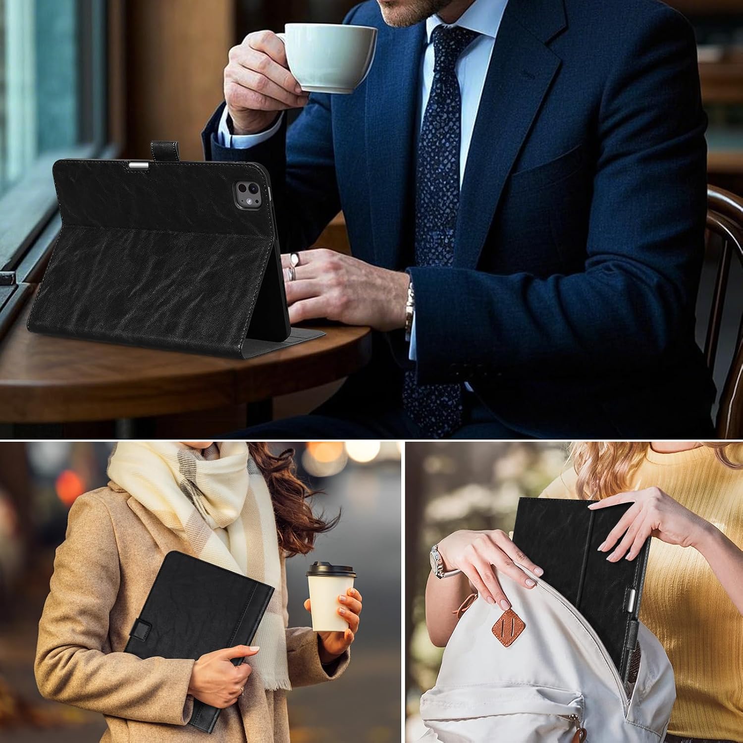 Genuine Leather Case for iPad Pro 13 Inch M5 2025/M4 2024 with Pencil Holder, Protective Shockproof Premium Leather Smart Folio Cover Adjustable Stand Auto Sleep/Wake Anti-Slip, Black