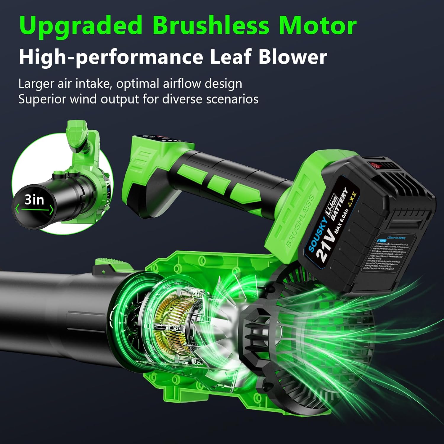 Leaf Blower Cordless, Battery Leaf Blower with 2 * 6.0Ah Batteries and Charger, 21V Brushless Electric Leaf Blowers with 5 Speed Levels and Turbo Mode for Lawn Care,Blowing Leaves,Yard Cleanup - Image 3