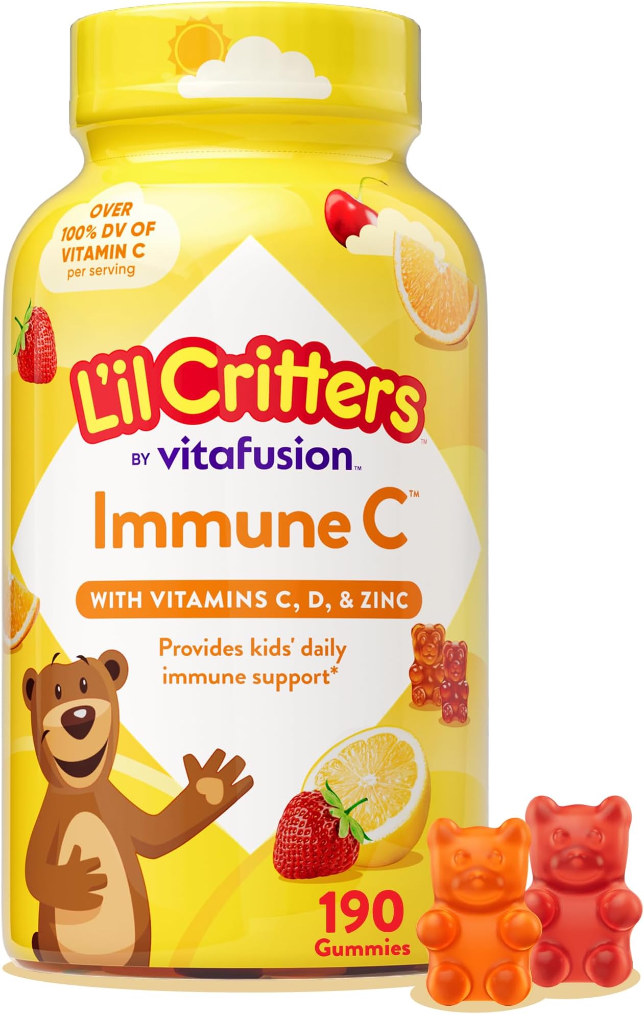 L’il Critters Immune C Daily Gummy Supplement Vitamin for Kids, for Vitamin C, D and Zinc for Immune Support, Orange, Lemon, Strawberry and Cherry Flavors, 190 Gummies (Packaging May Vary)