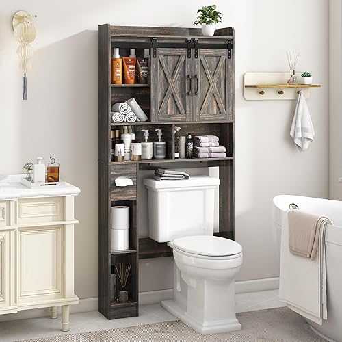 Miniatura 4 de Vabches Armario de almacenamiento sobre el inodoro, armario de almacenamiento de granja sobre inodoro con puerta corredera y soporte de papel