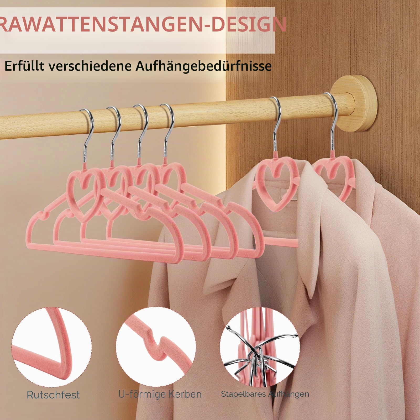 Samt-Kleiderbügel, niedliches Herz, mit 360-Grad-Drehhaken, rutschfester, dünner Filz-Kleiderbügel für Erwachsene, Mantel, Kleid, Hemd, Jacke, Hose, im Schrank, 50 Stück
