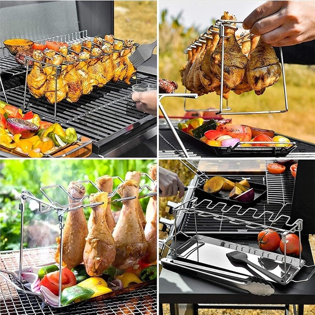 Stojak na skrzydełka z kurczaka ze stali nierdzewnej ze zdejmowanym grillem, składana konstrukcja do grillowania, antypoślizgowe rowki i uchwyty omiczne, idealny do ud kurczaka i przedmiotów