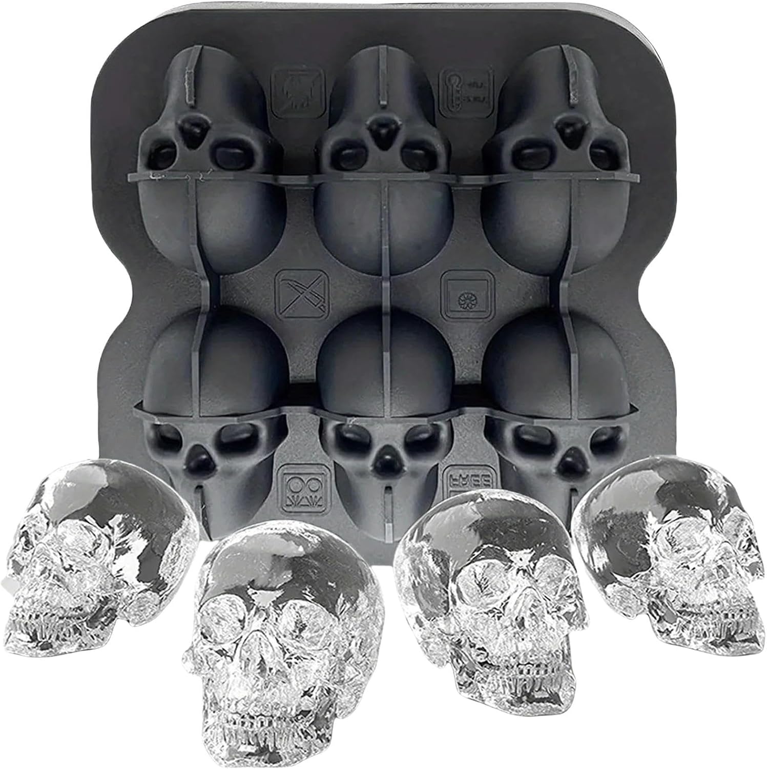 Skull Ice Ball Mold 3D Silicone Tray Cocktails Whiskey Halloween Drinks Horror-Themed Ice Cube Maker-6 Grid-3Pcs