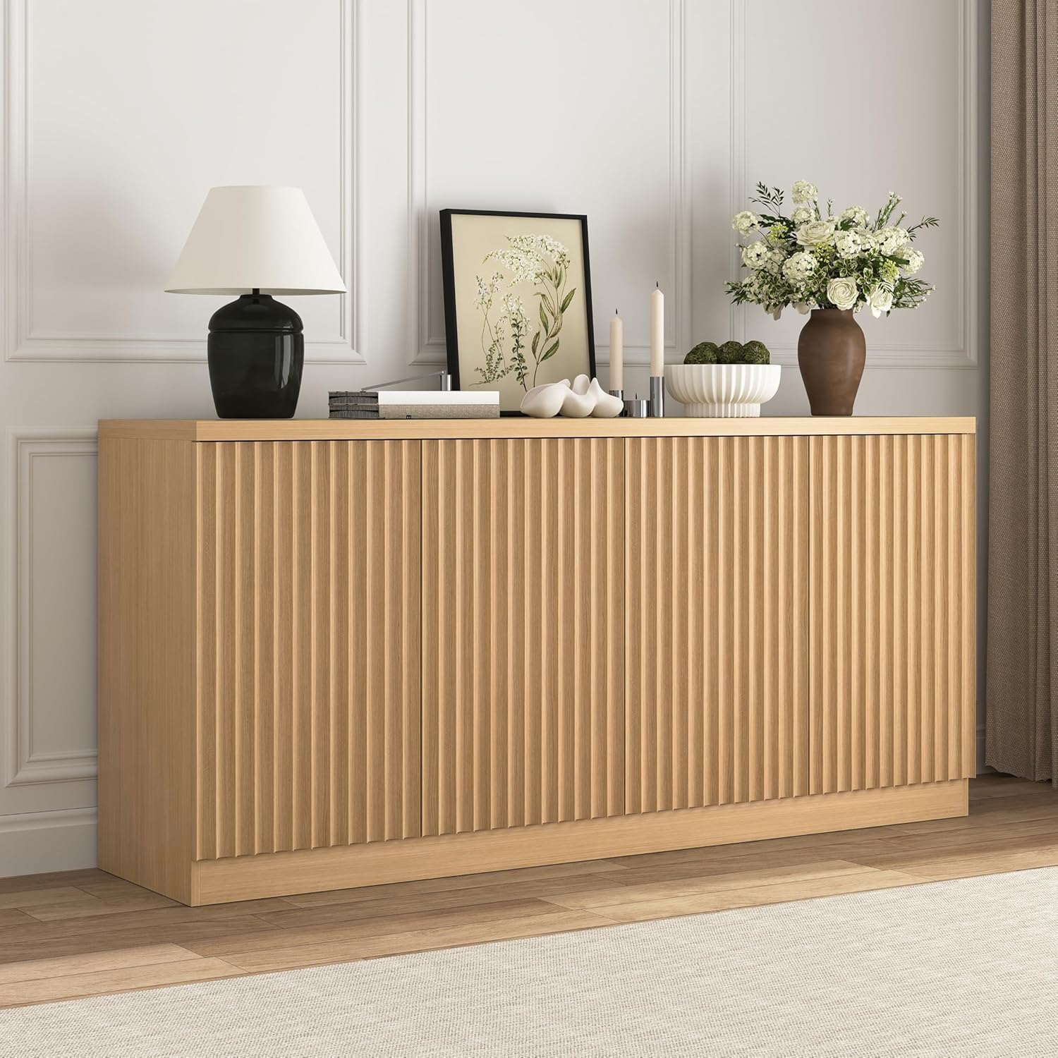 63" Fluted Buffet Cabinet Sideboard with Storage,Large Credenza with 4 Doors with Adjustable Shelves,Wood Mid Century Modern Sideboard for Kitchen, Living Room,Entryway(Natural)
