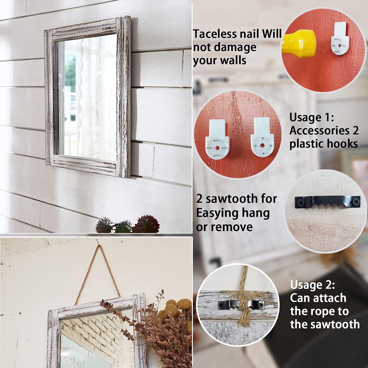 AAZZKANG Wood Mirror with Frame Rustic Wall Mirror Rectangle Decorative Farmhouse Bedroom Bathroom Hanging Mirror Home Wall Decor : Home & Kitchen