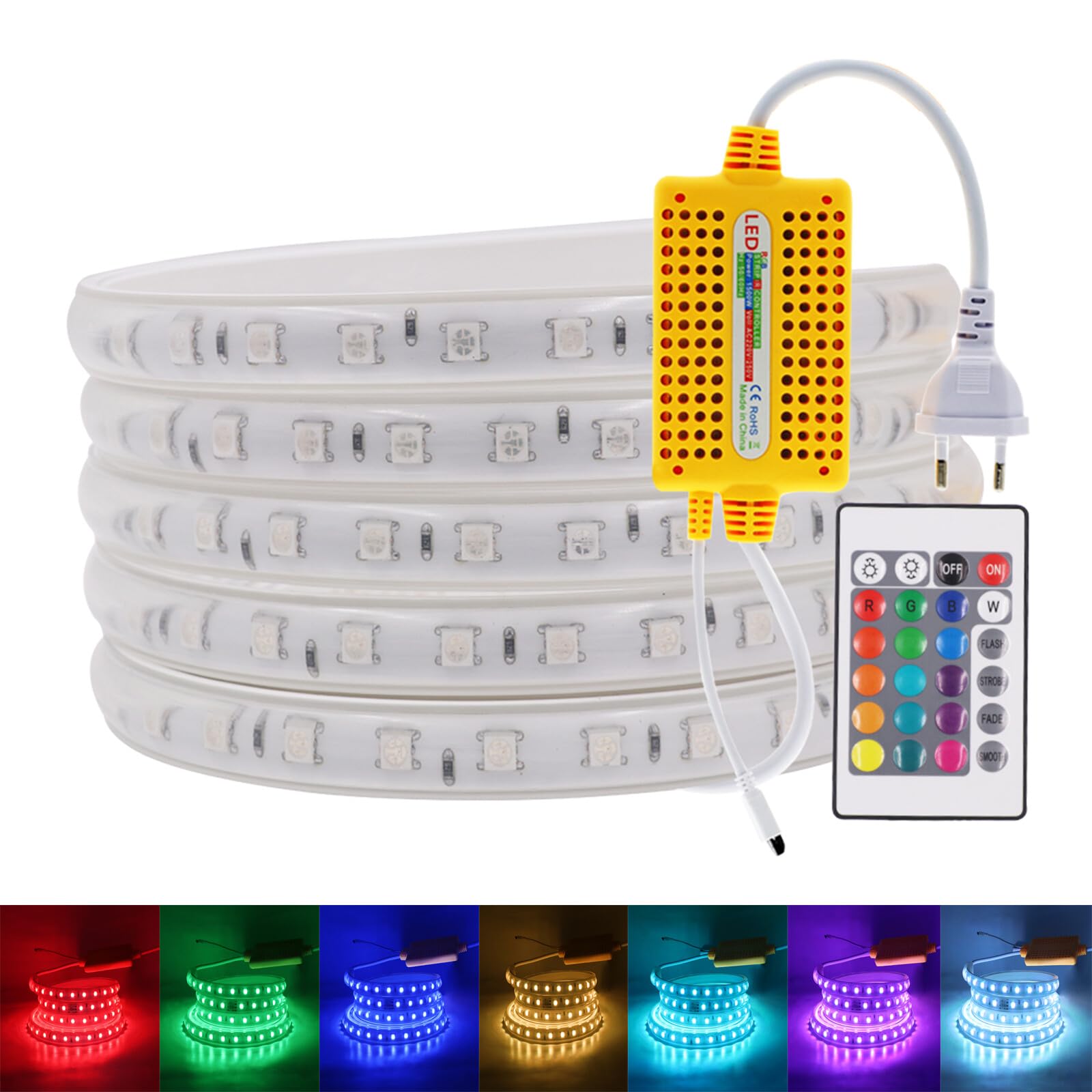 Tira LED RGB Regulable 220V [10M], IP65 impermeable flexible, SMD5050, 60 LEDs/m Tira LED CRI85+, cortable cada 1 metro, decoración para hogares y tiendas
