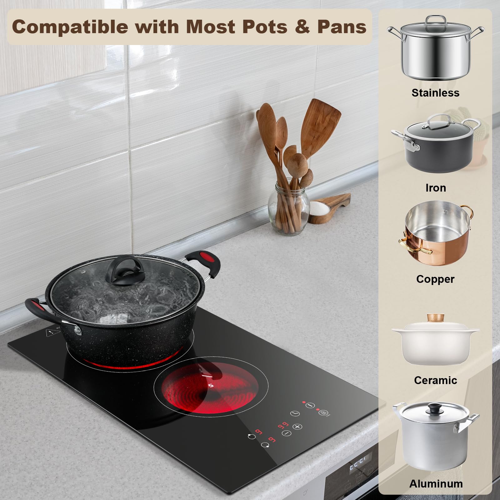 KICHPOWER Ceramic Hob 2 Zones, Electric Plug in Hob 30cm 2 Burners, 2800W, 9 Power Levels, 1-99 min Timer, Residual Heat Indicator, Child Safety Lock, compatible with All Pans & Pots — view 6