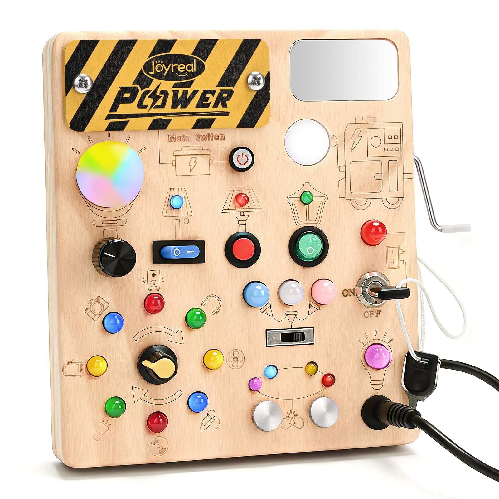 Joyreal Montessori Busy Board for Toddlers LED Activity Board with Hand Crank Generator, 22 LED Lights & 11 Switches