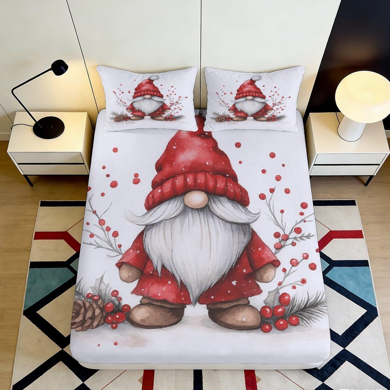 3D Printed Christmas Gnome Fitted Sheet Microfiber Soft Red Nordic Bed Cover for Bedroom Guest Room Decor 90x200x25cm