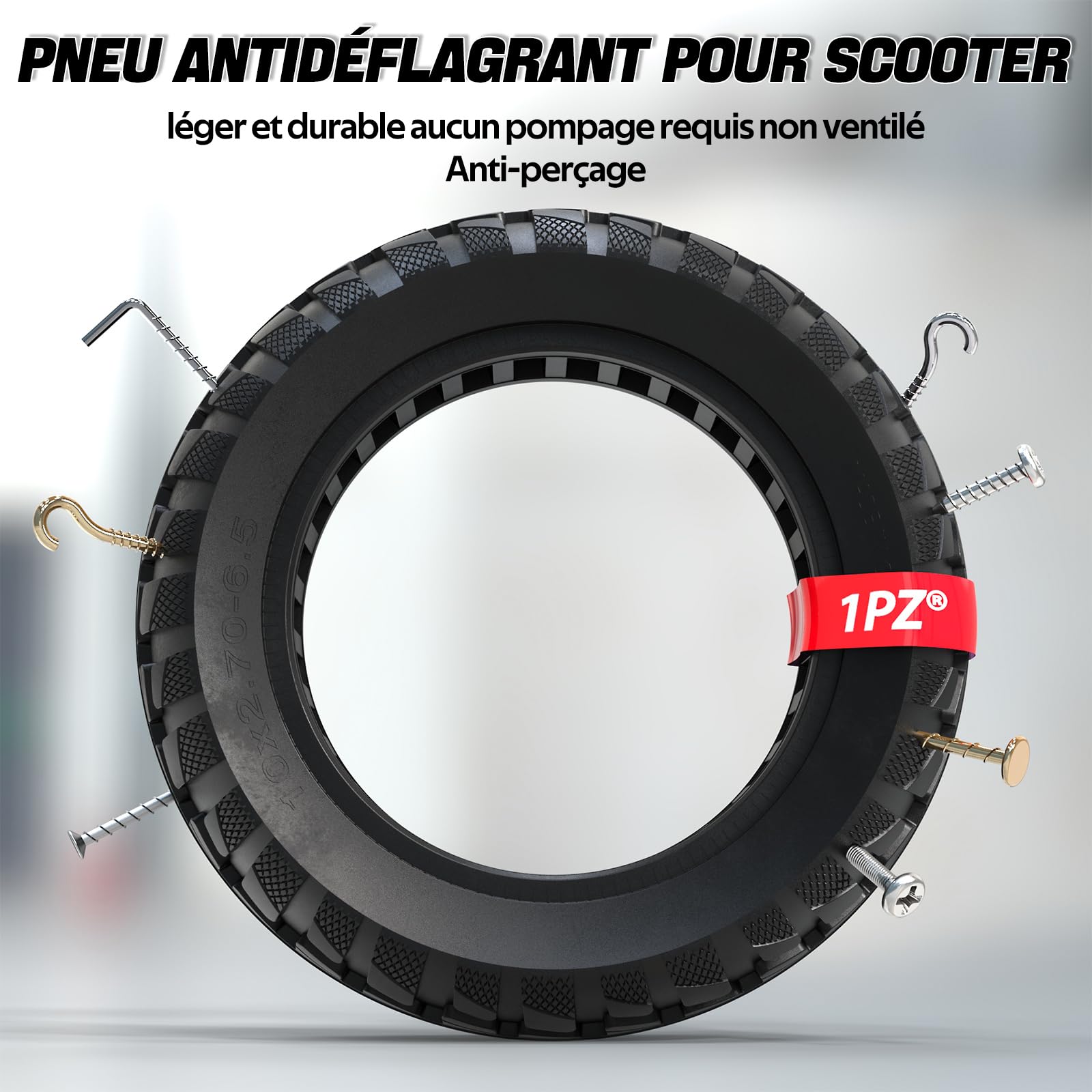 1PZ FM8-S27 Pneu Plein 10 Pouces pour Trotinette Électrique Tout-Terrain - 10x2.70-6.5 - Compatible avec UrbanGlide E-CROSS PRO (avec 1 Démonte-Pneu)