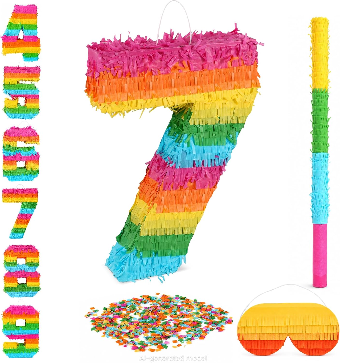 Piñata Set for Kids Party - Number 7 Piñata,Kids Pinata,Multicolored | Number Piñata Kit,Hitting Stick,Blindfold & Confetti Filler,Birthday Party Decor, Pinatas for Birthday Party