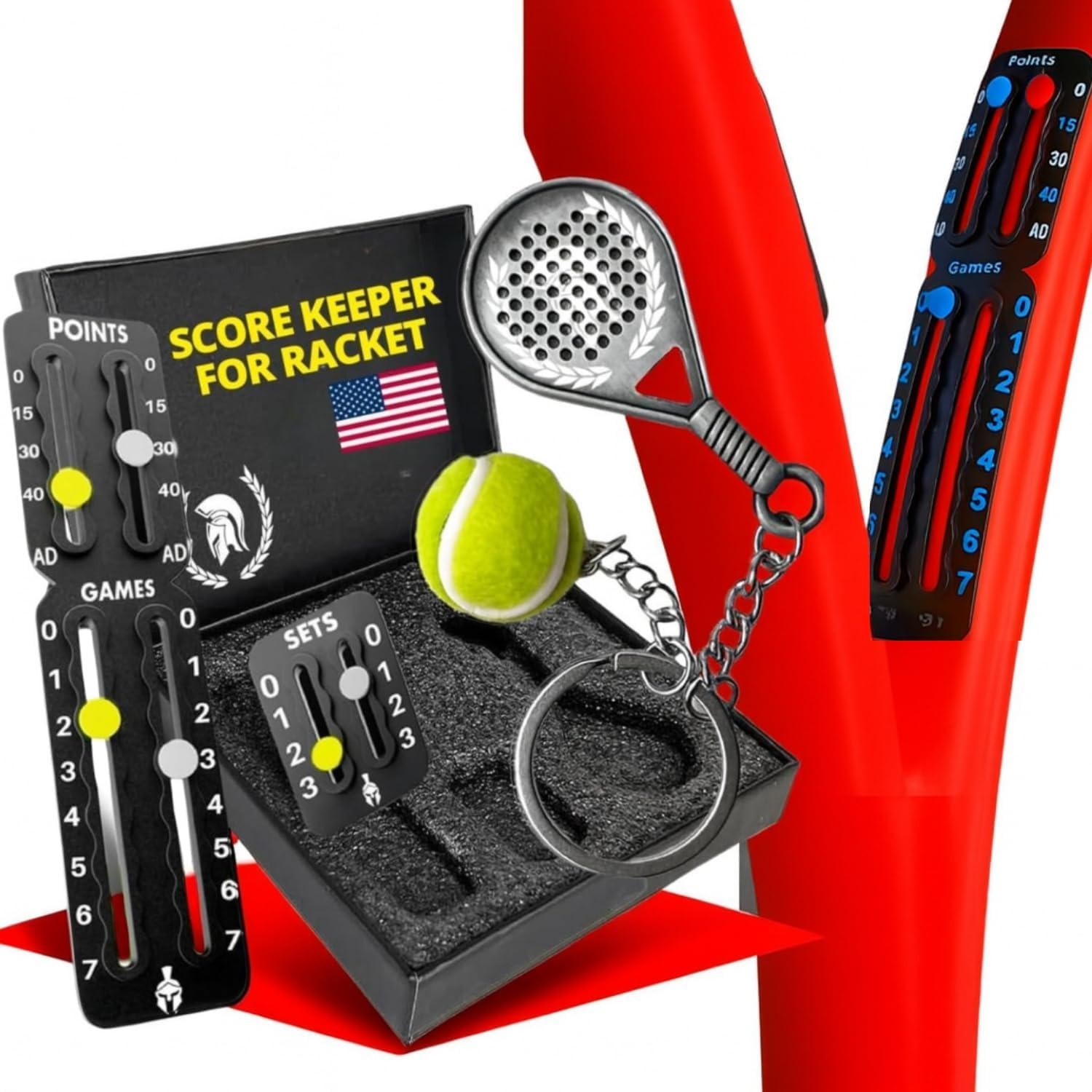 Tennis and Padel Score Keeper for Rackets Ultra-Light 3M Adhesive Tennis Racket Score Tracker and Set Scorer Must Have Tennis Accessories for Women, Men and Kids, Bonus Padel Racket Keychain Gift Box