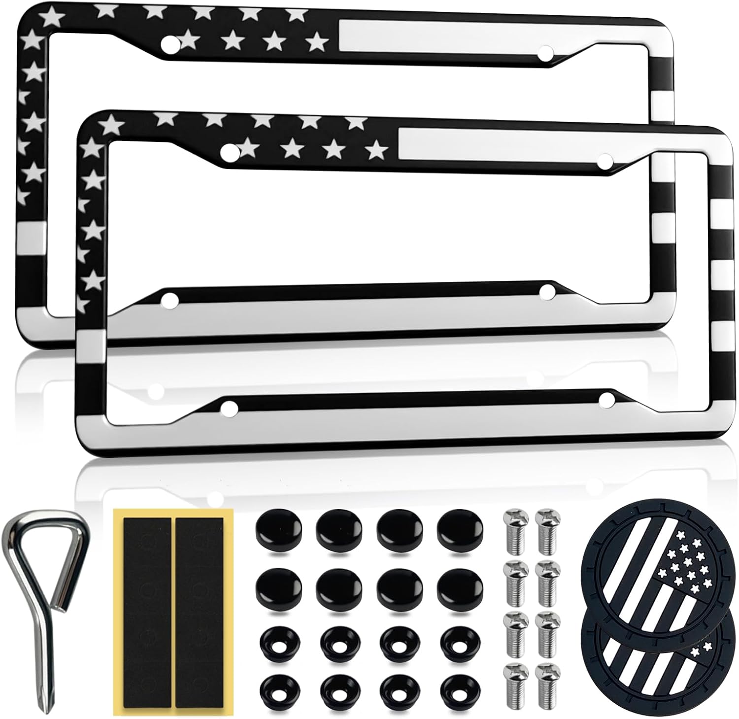 2 Pack OLLEN American Flag License Plate Frames, Aluminum Alloy US Patriotic Car Tag Holder Protector, with Mount Hardware, Anti-Theft Caps, 8 Rattle Proof Pads, Screwdriver, Black+Silver