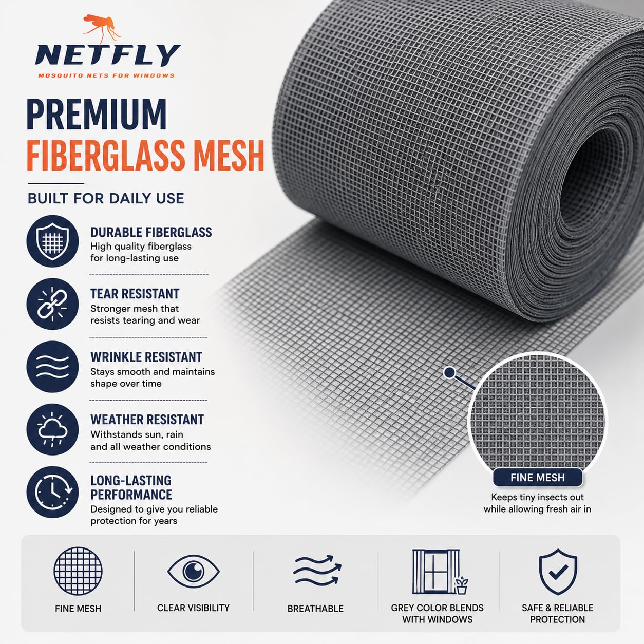 Netfly Mosquito Net for Windows 4×5 ft, Grey | DIY Self-Adhesive Insect Screen Mesh | Fine Mesh Fly & Bug Screen Curtain | Window Insect Protector | Fiberglass Mesh — Amazon image 4