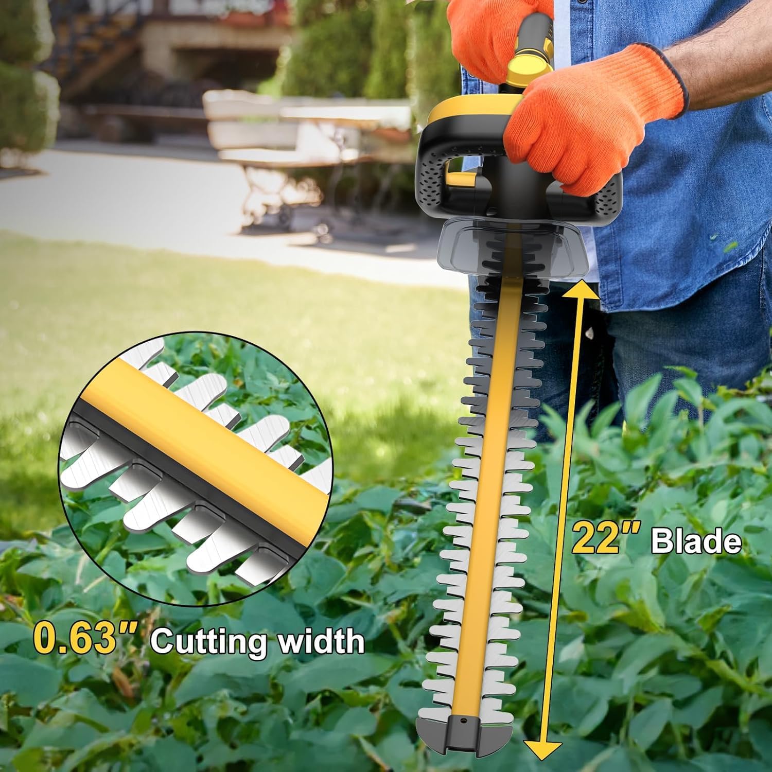 Hedge Trimmer for Dewalt 20V Battery, Cordless Hedge Trimmer with 22'' Dual-Action Blade, 1600RPM, 3/5'' Cutting Width, Rotating Handle & Dual Switch Design (Battery Not Included) (Yellow)