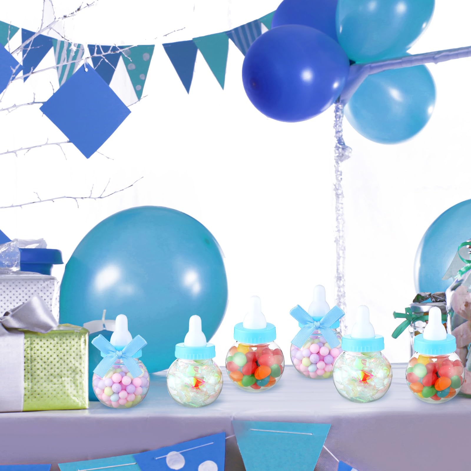 Sosation 48 botellas de regalo para baby shower, mini botella de leche, regalo de fiesta, tarro de dulces para baby shower con nudos de lazo para revelación, regalos de fiesta de cumpleaños, regalo