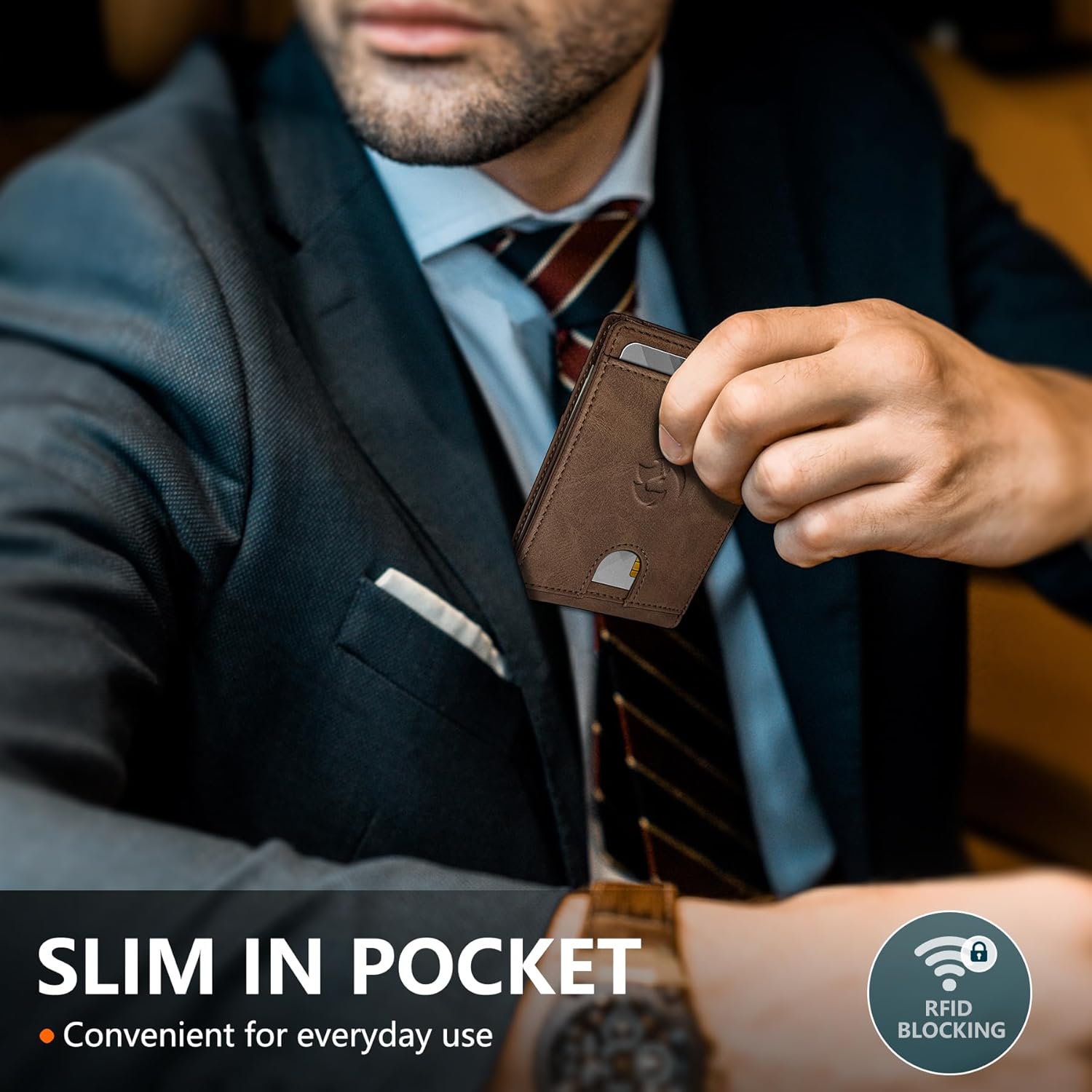 Wallet for Men Wallet with Cash Pocket 2 ID Window 13 Cards,Slim Leather Wallet Front Pocket Card Holder RFID Blocking with Gift Box - Image 3