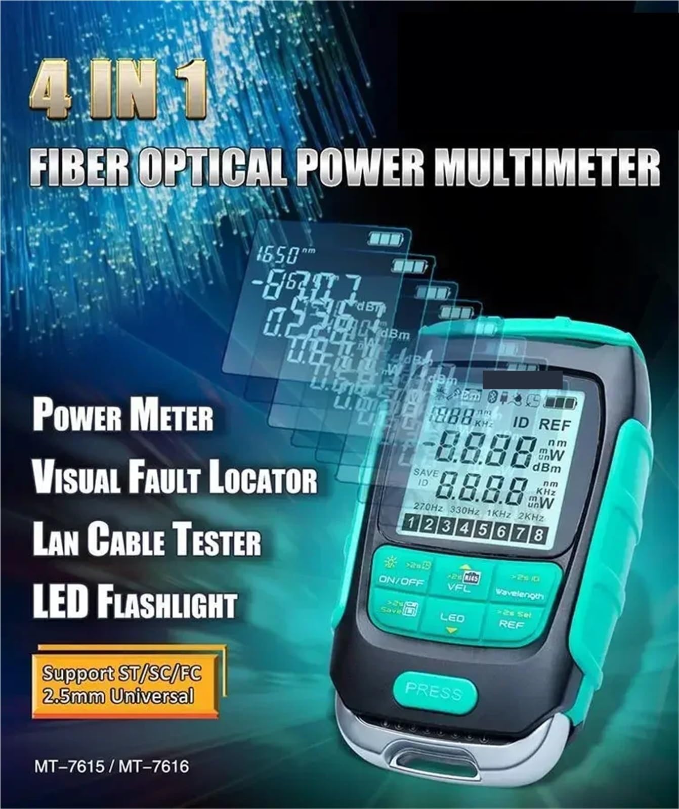 Probador de fibra óptica, Medidor de potencia óptica MT-7615/7616, 4 en 1, multifunción, comprobador fibra, desconexión y cable LAN, localizador visual fallos(MT-7616)