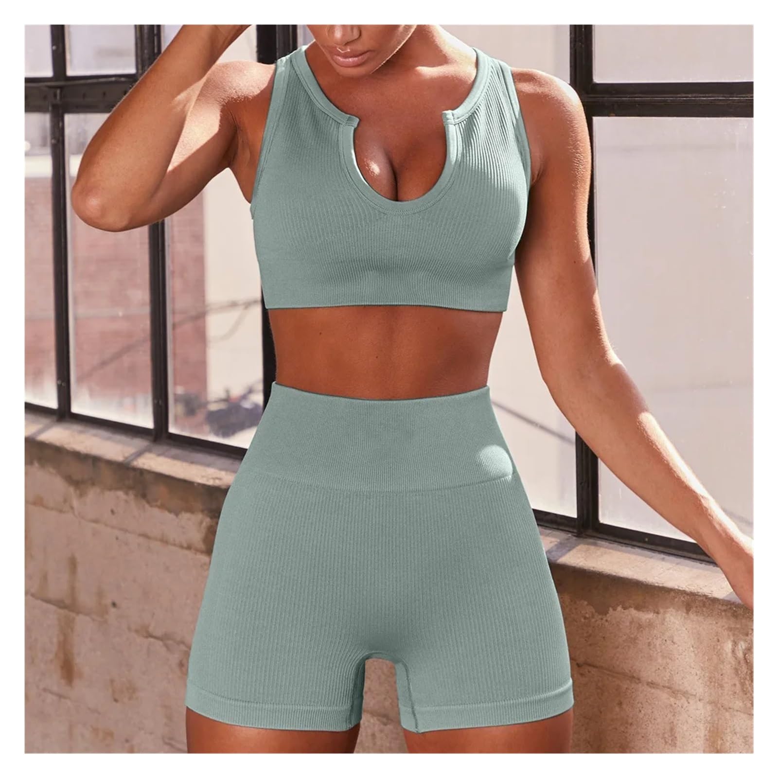 1 Set Seamless Ribbed Yoga Sets Workout For Women Gym Suits Crop Tank High Waist Shorts Outfits Fitness Running para Mujer