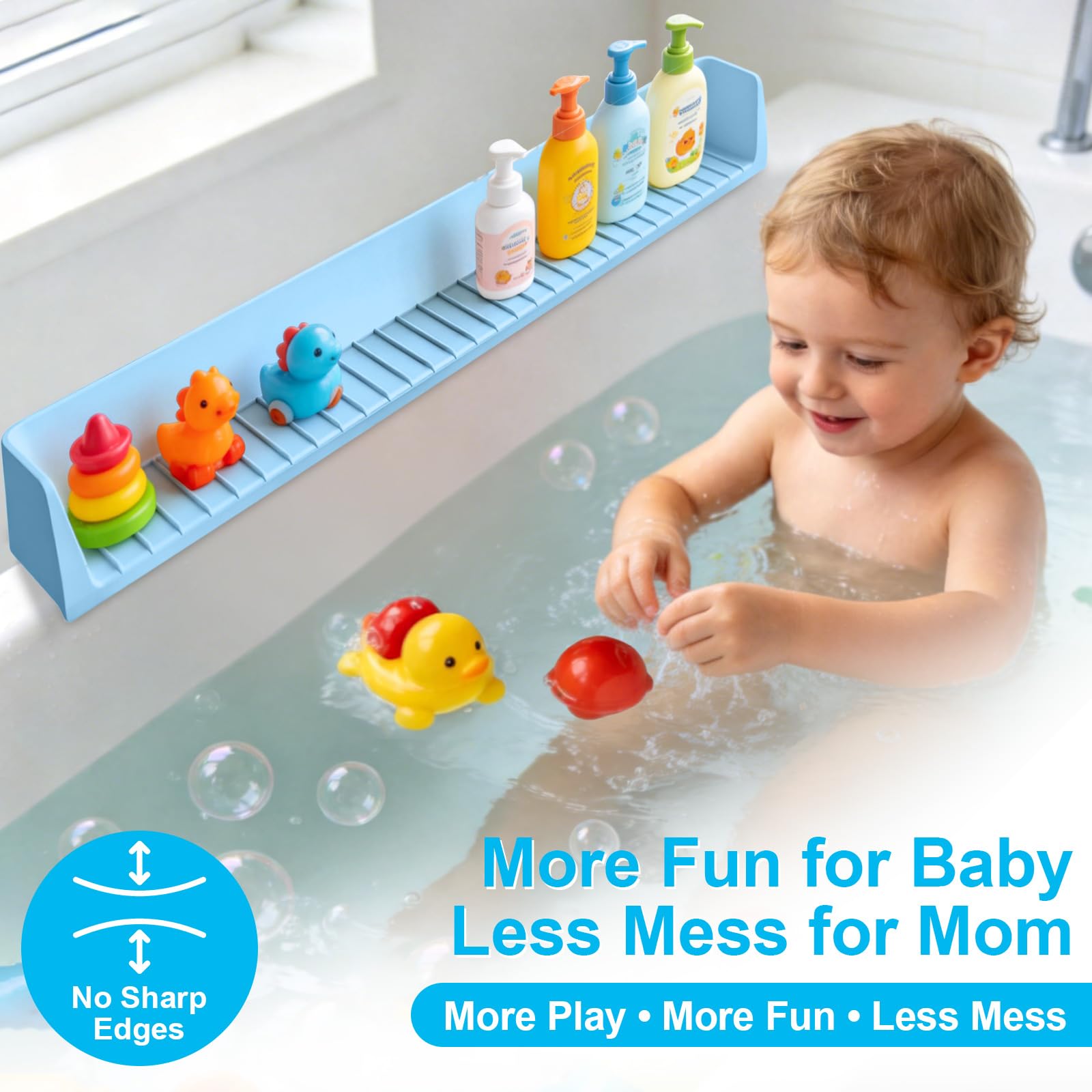 Paraspruzzi per vasca da bagno per bambini, contenitore per giocattoli