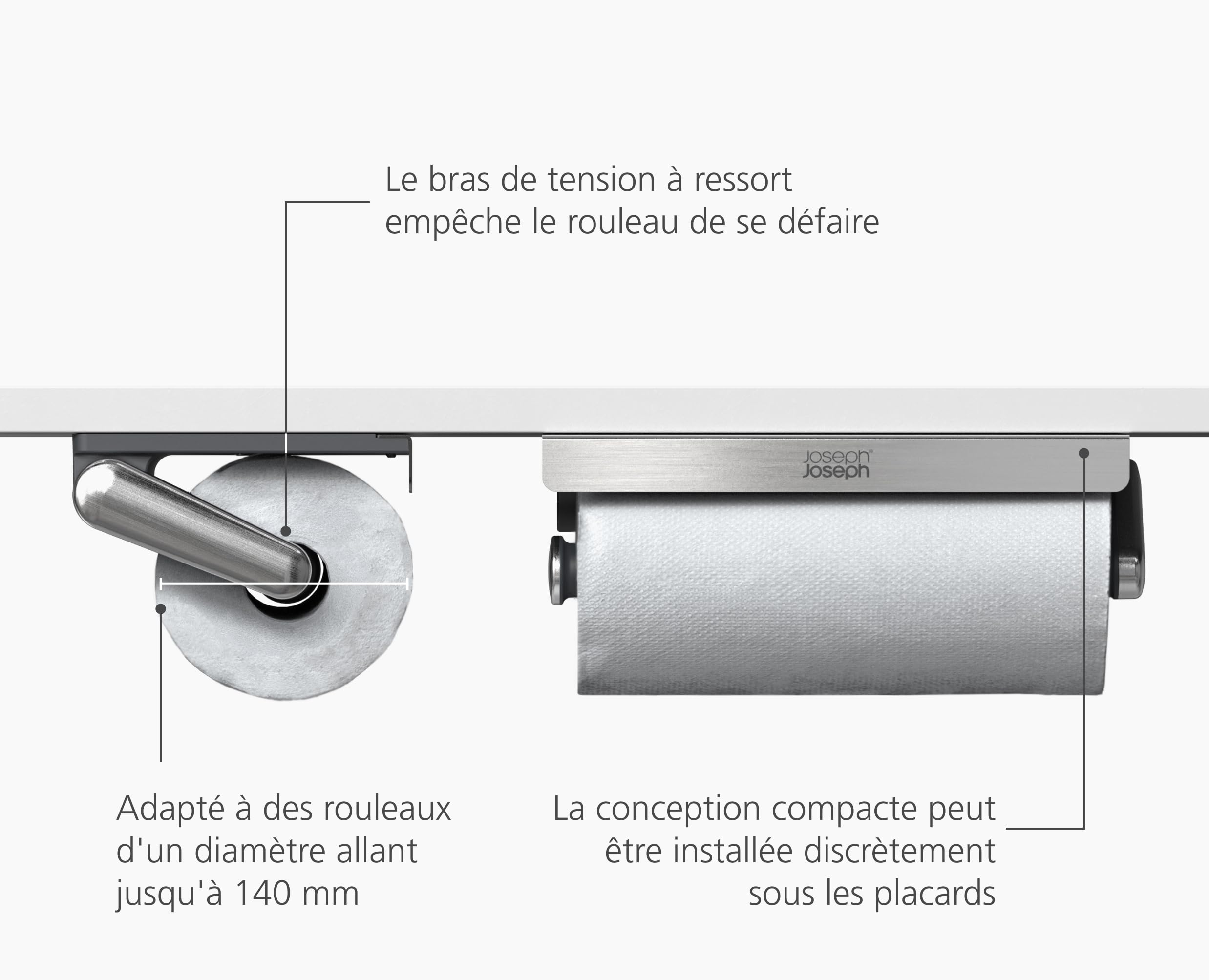 Joseph Joseph RollGrip Porte-Rouleau sous-Armoire, Essuie Tout, Gain de Place, Bras à Tension, Facile à déchirer d'une Seule Main, Convient aux Rouleaux 140mm