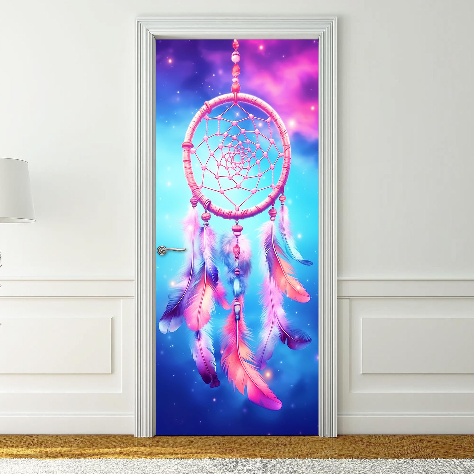 Galaxy Dreamcatcher 3D mural na drzwi, samoprzylepny, fantazyjny kosmos, wszechświat, sztuka, usuwalne murale, naklejki na drzwi, niebieskie naklejki z PCW, do sypialni, łazienki, biura, 95 x 215 cm