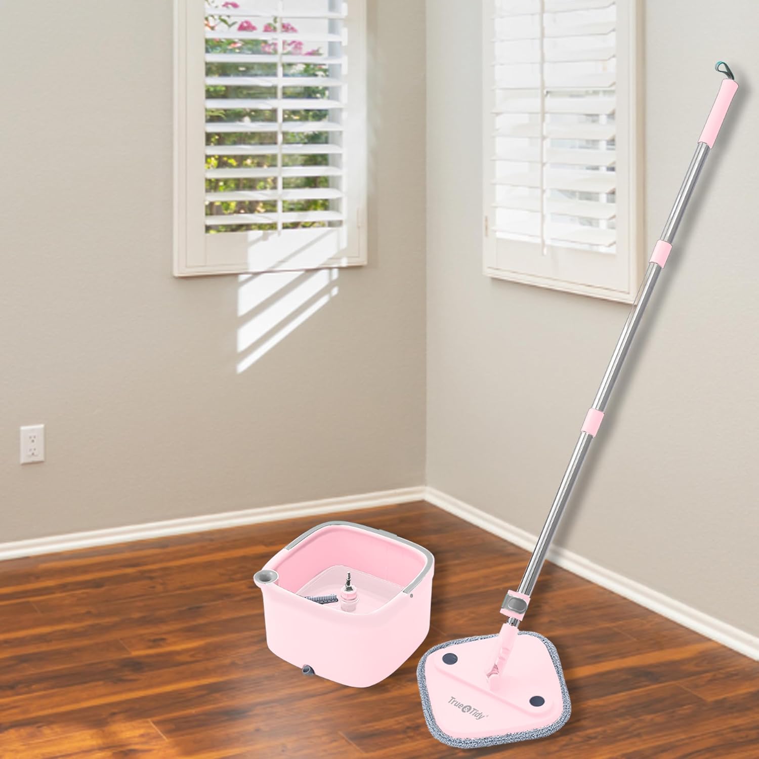 Square Spin Mop and Bucket Smart Floor Mop with Separate Compartments for Clean and Dirty Water, Self Cleaning with 2 Machine Washable Pads, First Launch Limited Edition Rose