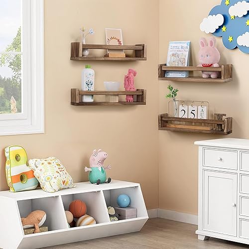 Miniatura 6 de Juego de 4 estantes flotantes de madera para habitación de niños, estante de libros para guardería, estante de especias de cocina (carbonizado)