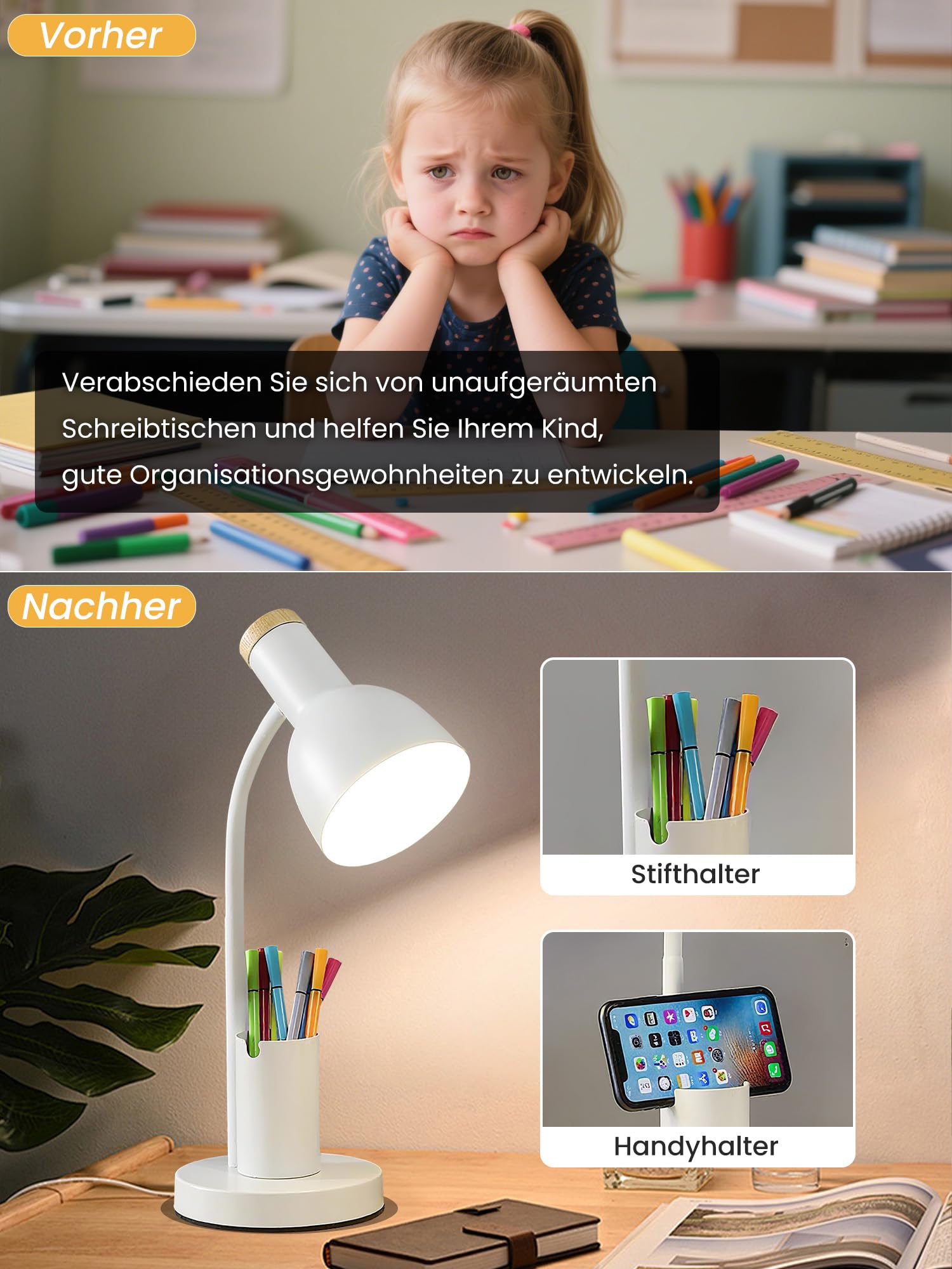 LED Schreibtischlampe mit Stifthalter, augenschonende Schreibtischlampe 3 Farbmodi Leselicht flexible Schwanenhals-Metall-Studienlampe, niedliche Tischlampen für Zuhause Büro Nachttisch Schlafsaal