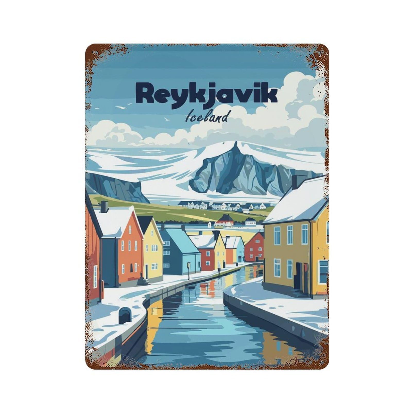 Reykjavik Iceland Winter Landscape Illustration Rustic Tin Plaque 15.7"x11.8", for Shed, Workshop And Garage Wall Decor, Rustic Home Decor
