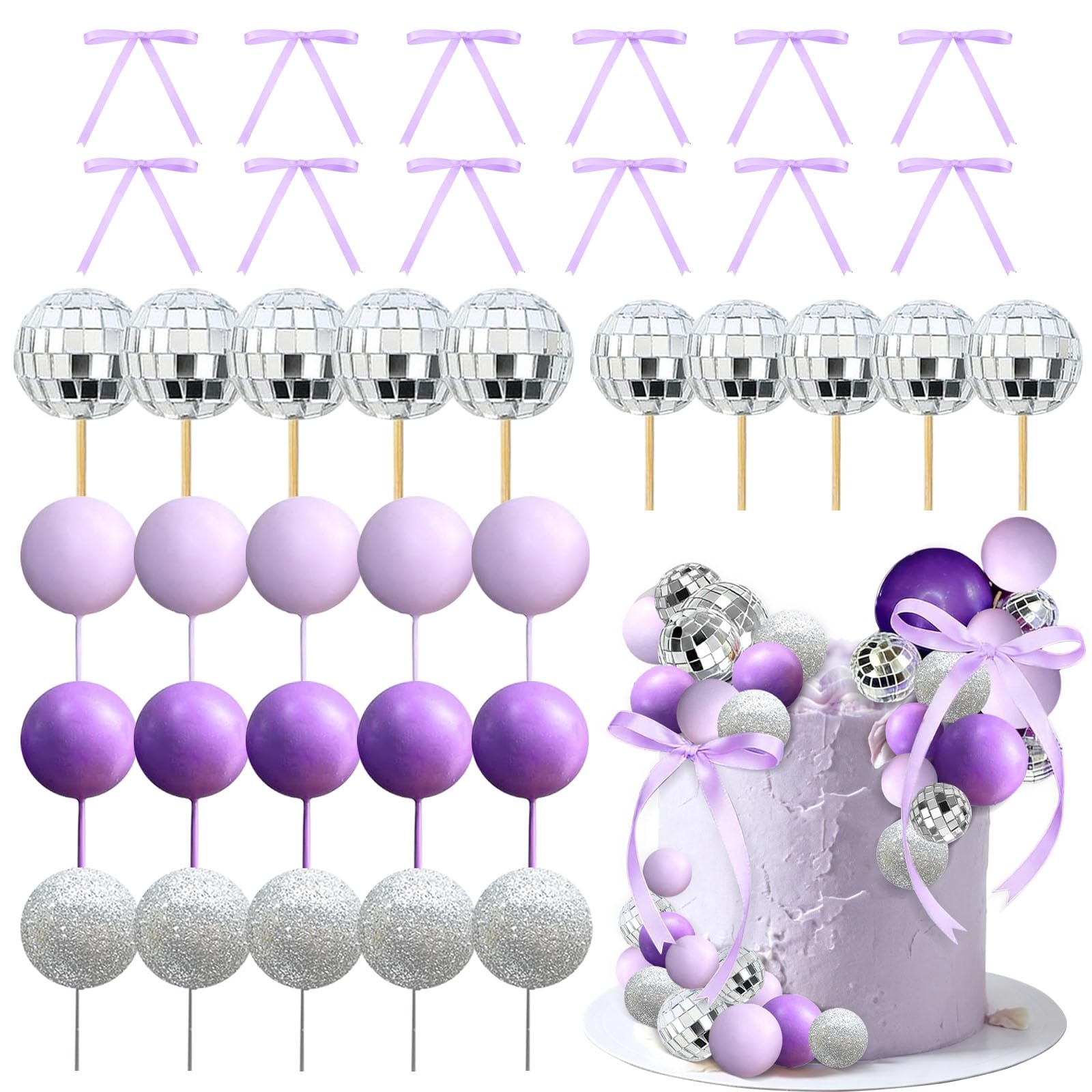 Disco Ball Cake Decor,37PCS Singer Stars Purple Butterfly Balls Cake Supply