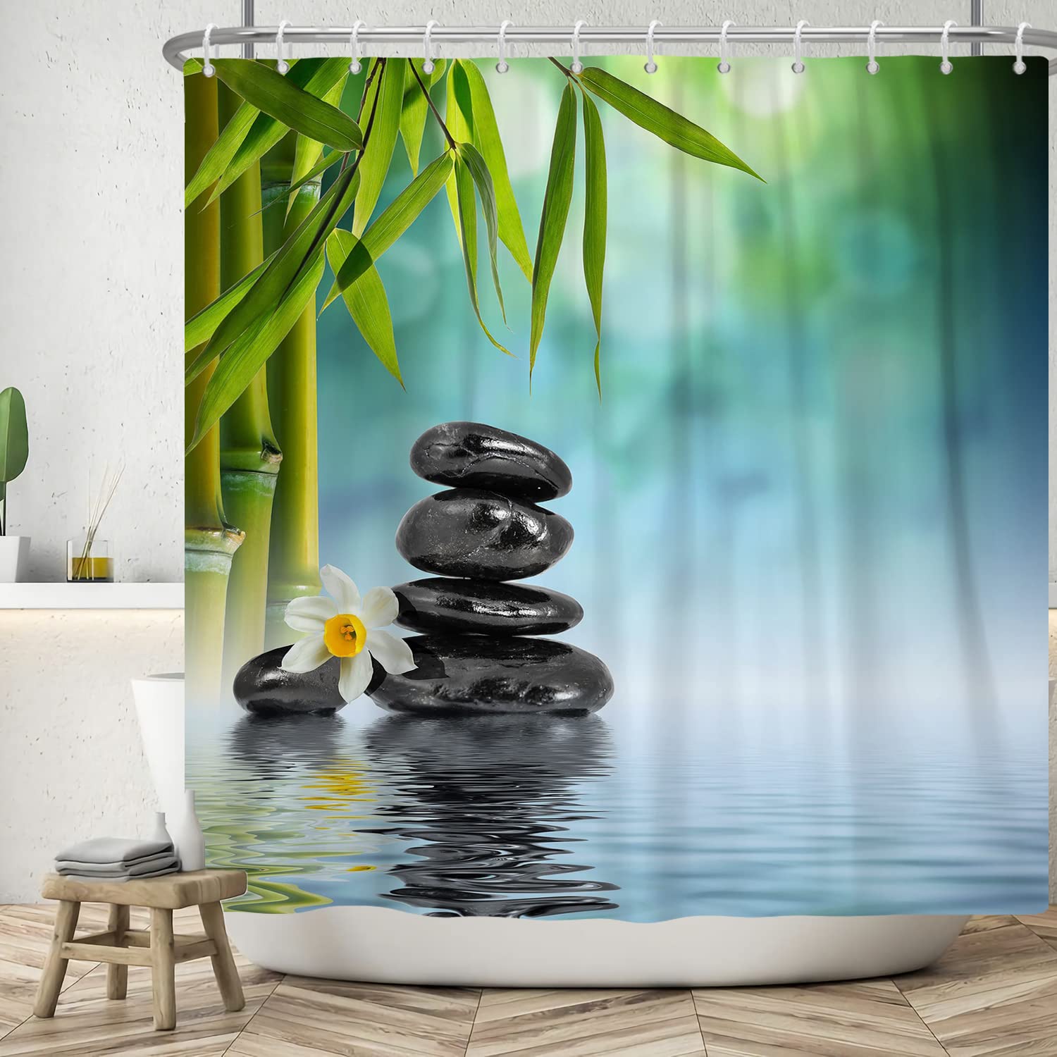 SDOTPMT 36x72inch Spa Japanese Theme Shower Curtain Green Bamboo Leaves Orchid Basalt Stones Bath Curtain Zen Meditation Bathtub Curtain for Bathroom Decor Fabric Polyester with Hooks - Image 2