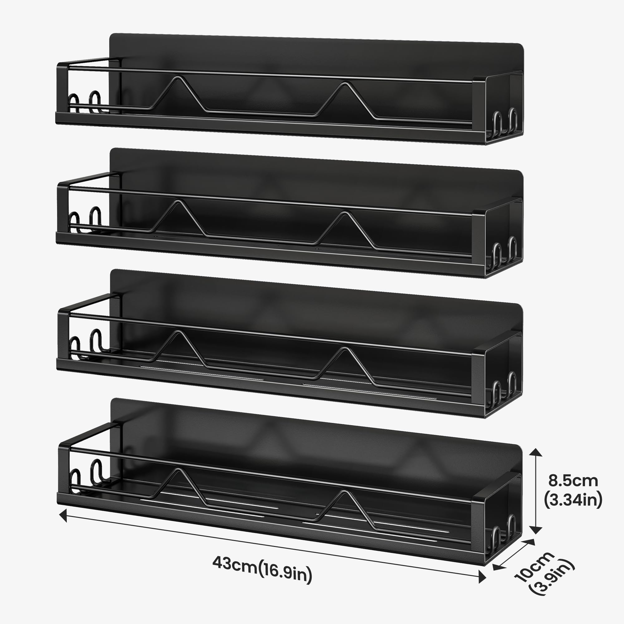 Mystozer 42 cm breites magnetisches Gewürzregal für Kühlschrank, 4 Stück, Metall-Kühlschrankregal, Schwarz