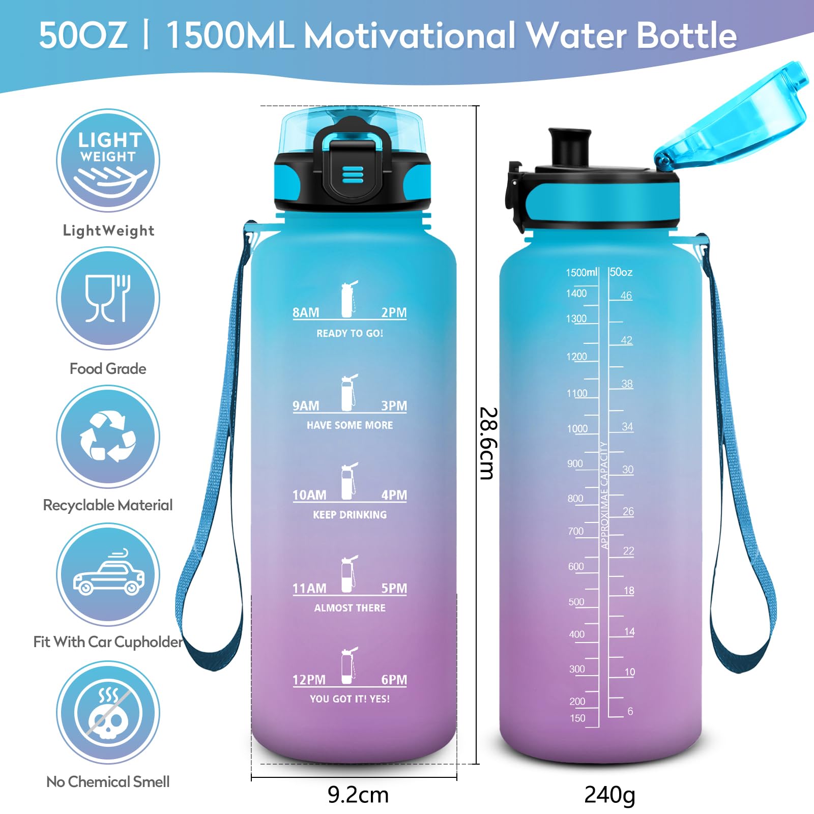 JAPORIA Borraccia Motivazionale 1.5L, Bottiglia con Filtro, Bottiglia Riutilizzabile,Sportiva con Indicatore del Tempo Motivazionale,per Sport, Palestra, Scuola, Gym, Fitness, Yoga