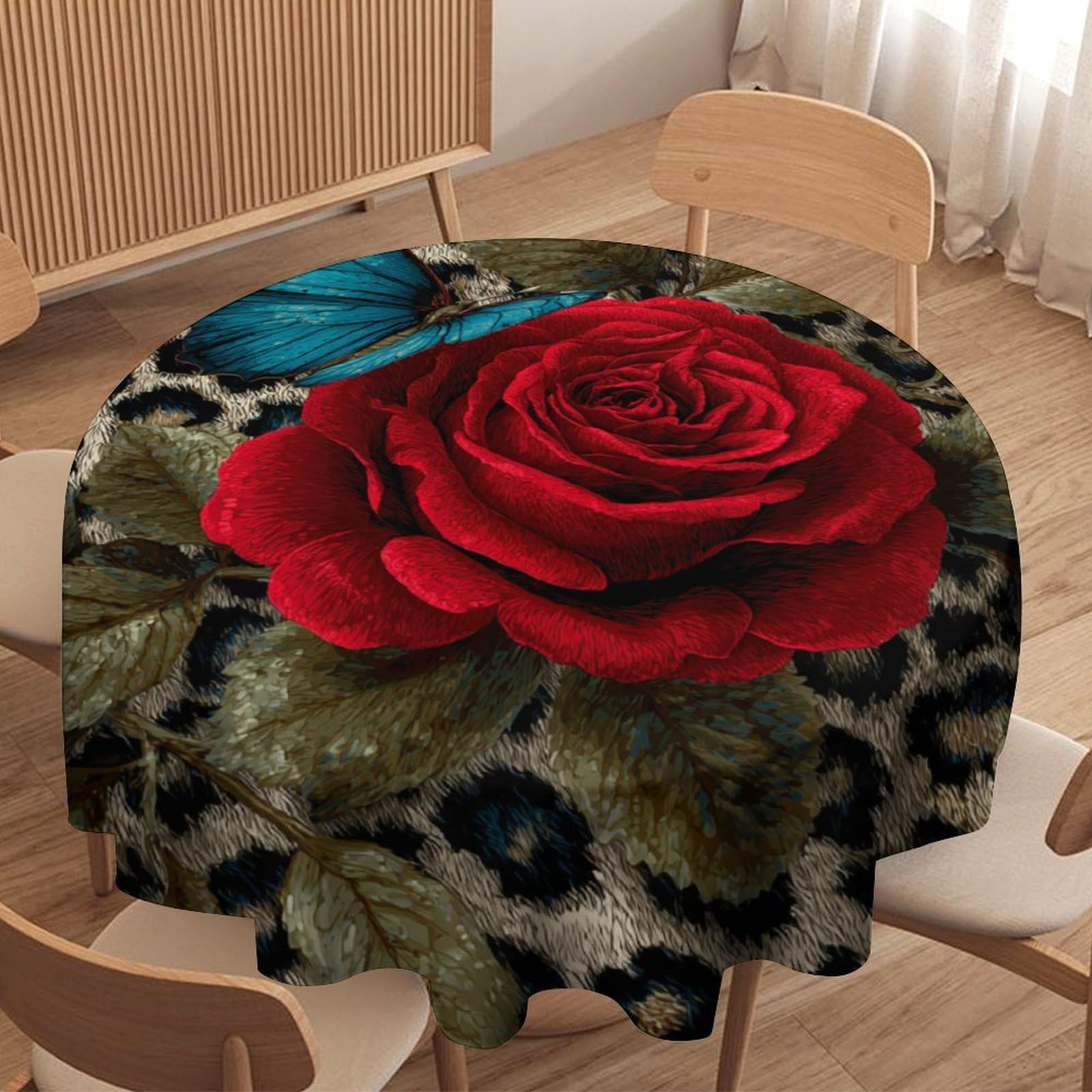 LUYYSKY Romantic Classic Animal Butterflies Round Tablecloth Rustic Vintage Plant Roses Flowers Leopard Print Washable Decor for Table Cover for Kitchen-91.4" Wx91.4 L cm