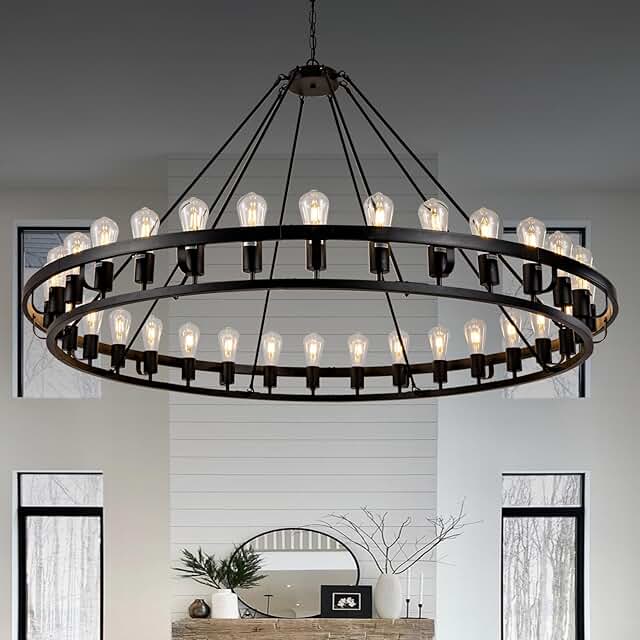 55.37 Inch Black Wagon Wheel Chandelier, 32 Light Wagon Wheel Light Fixt...