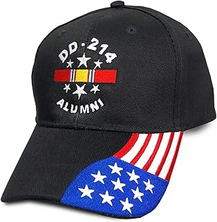 DD-214 Alumni Black Hat with National Service Ribbon and American Flag Bill, Black, Red, White, Blue, Yellow, One Size-Large