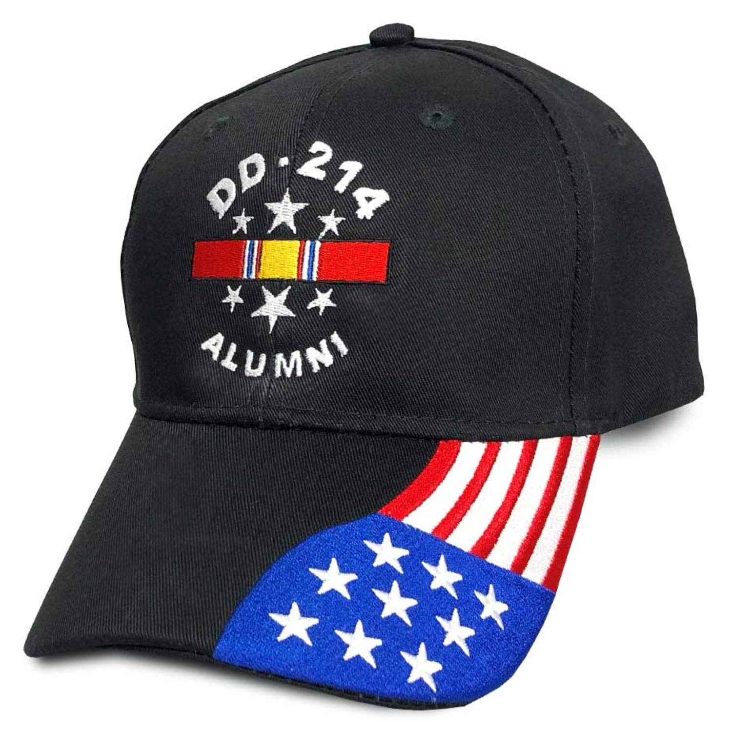 VetFriends.comDD-214 Alumni Black Hat with National Service Ribbon and American Flag Bill, Black, Red, White, Blue, Yellow, L/One size