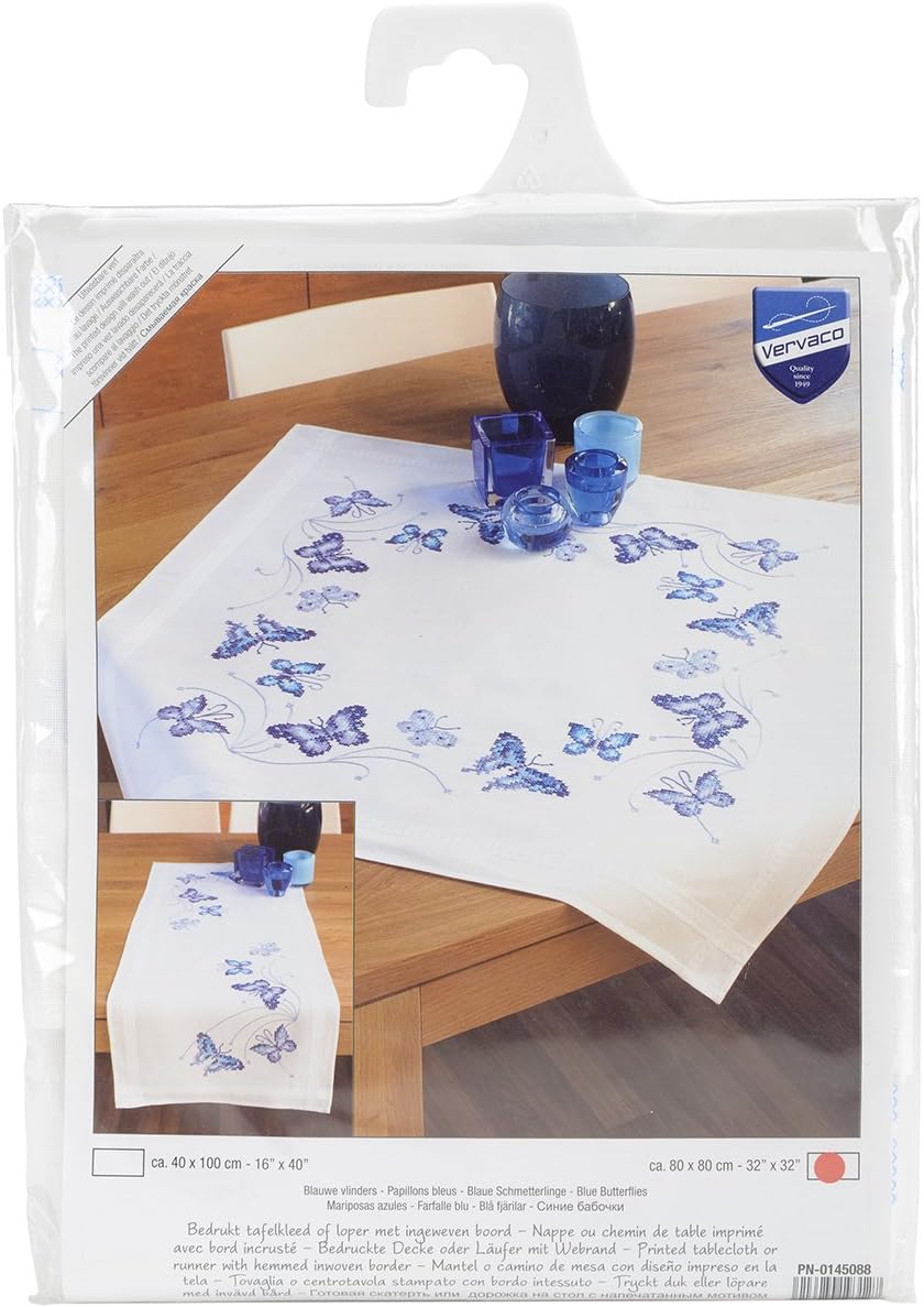 Vervaco Blue Butterflies Tablecloth Stamped Embroidery Kit, 32" by 32"