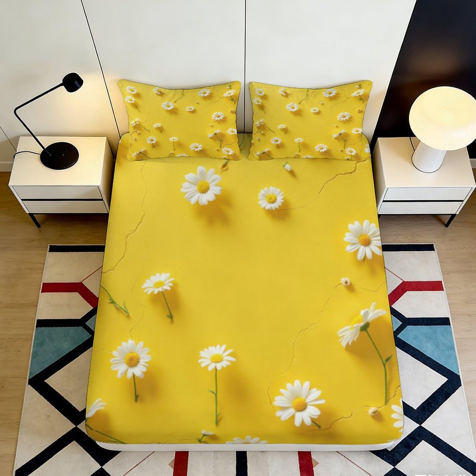 3D Printed Yellow Daisy Fitted Sheet Microfiber Soft Breathable Floral Bed Cover for Bedroom Dormitory Guest Room Mattress Protection Decor 120x200x25cm
