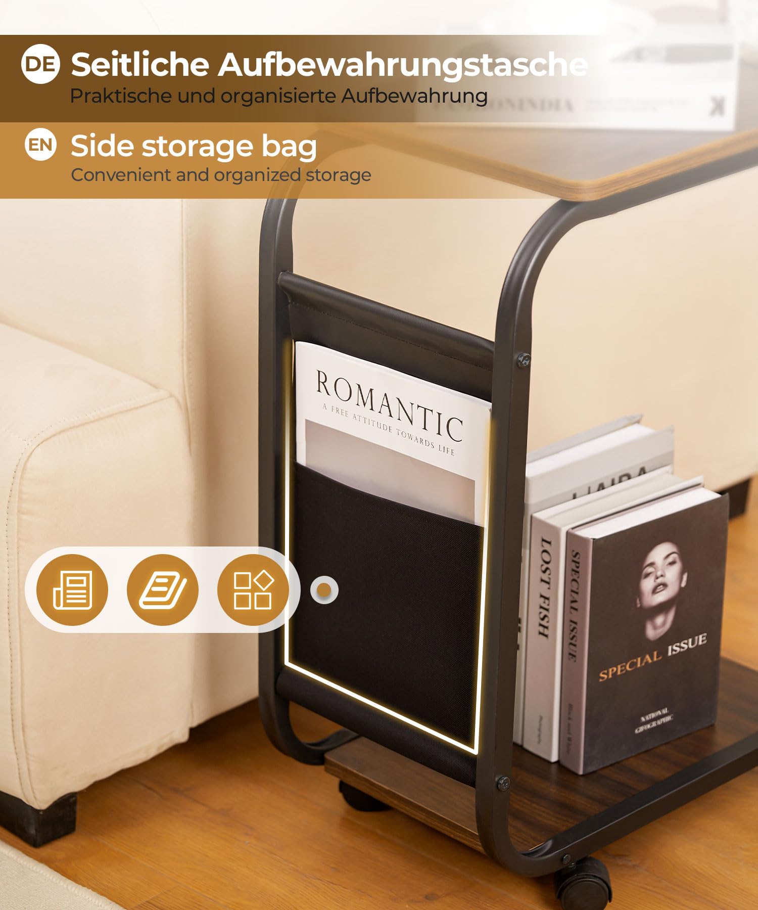 Yorbay Tavolino in legno, divano con ruote e custodia, tavolino portatile a forma di C con struttura in metallo, 46 x 30 x 62 cm, tavolino da salotto, caffè e computer portatile