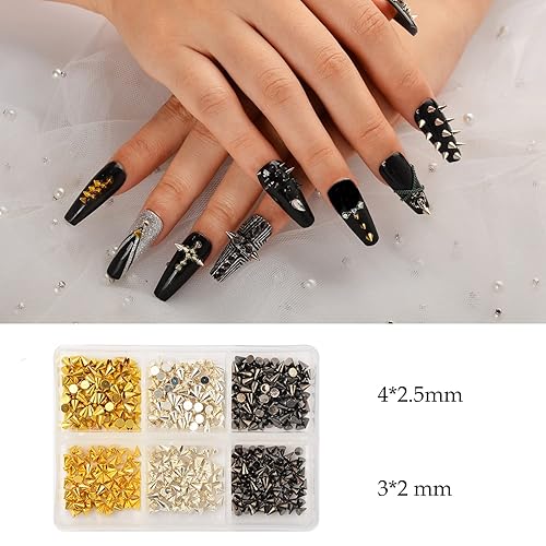 Miniatura 2 de 600pcs Nail Art Punk Cone Metalic Spike Studs Sliver, negro, decoración de uñas dorada