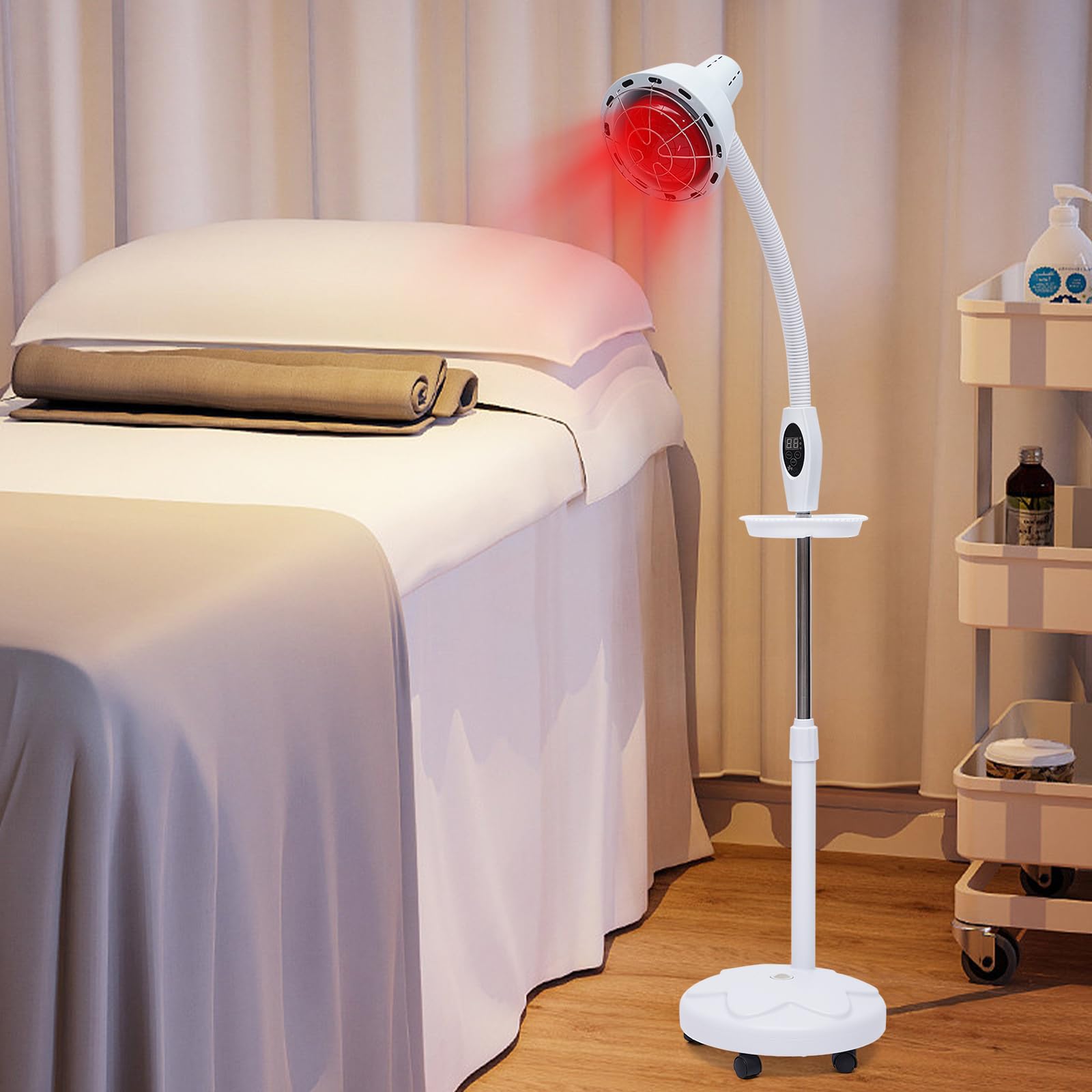 Lámpara infrarroja de luz roja, lámpara de calor con soporte, lámpara de pie para tratamiento de heridas, rotación de 360°, 275 W, A++ hasta E