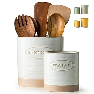 Utensil Holder Set of 2, Ceramic Utensil Holder for Kitchen Counter, 6.7"+5.1" Kitchen Utensil Crocks Spatula Holder for Countertop, Two-tone Finish Oval Opening