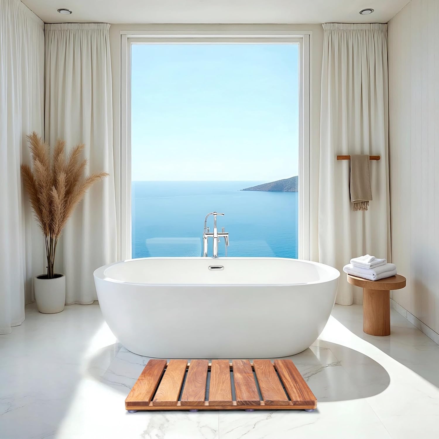 Natural Teak Wood Shower Bath Mat,23.43 * 16.73 Inches,Non-Slip Rubber Feet, Premium Wooden Floor Mats for Spa, Sauna, Pool and Hot Tub, Flooring Decor and Protector, Indoor and Outdoor Use