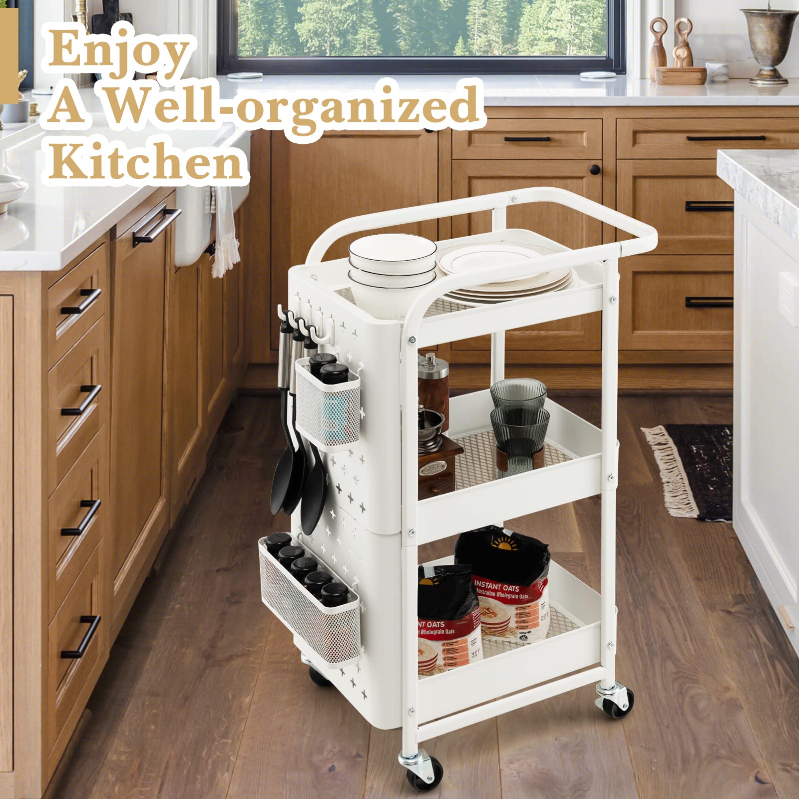 Giantex Carrello Mobile in Metallo a 3 Livelli, Carrello con Bordo di Pin, Cestini di Stoccaggio, Ganci, Carrello di Servizio con 4 Ruote, per Cucina, Bagno, Ufficio, 52x33x75cm