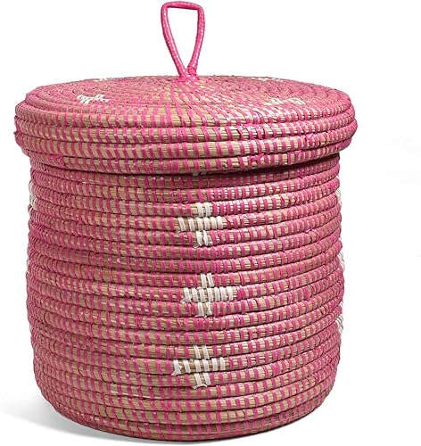 Cesta africana tejida a mano con tapa de 9 pulgadas, rosa con flores blancas